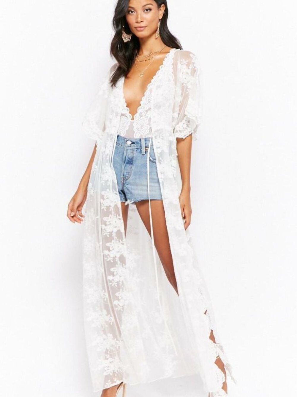 Forever 21 White Sheer Floral Embroidered Duster Kimono Small S